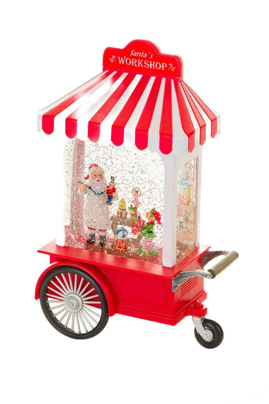 Red/White LED Santa's Workshop Cart Snow Globe w/ Toymakers