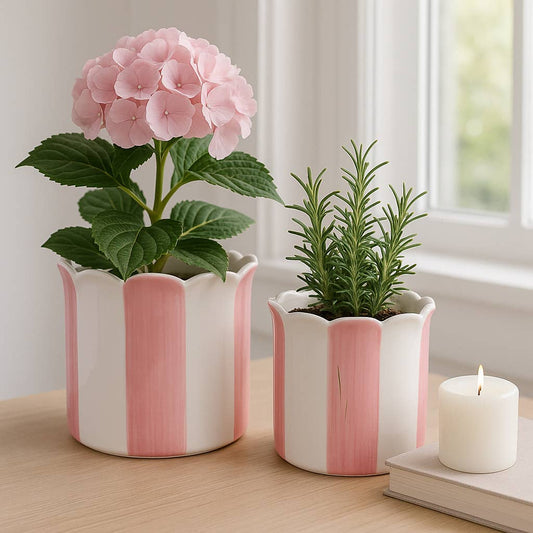 Planters Set of 2 - Pink Ceramic Striped Scallop, 6/8 in.