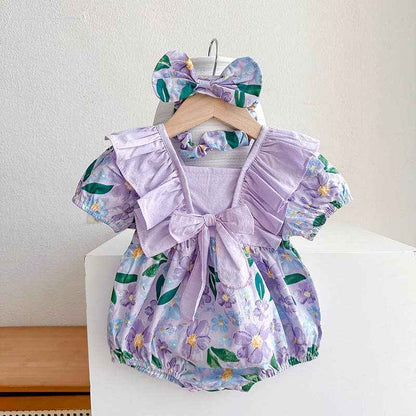 Purple Floral Bow Baby Girls Romper With Headband: 6M
