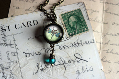 Dragonfly Vintage Inspired Glass Cabochon Necklace w/Bead
