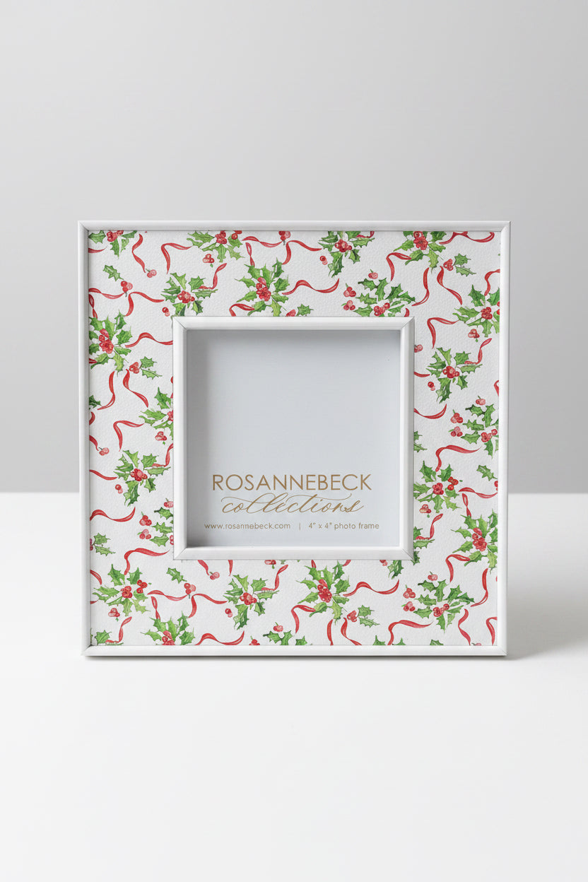 White Hand Painted Holly & Berries 4"x4" Frame