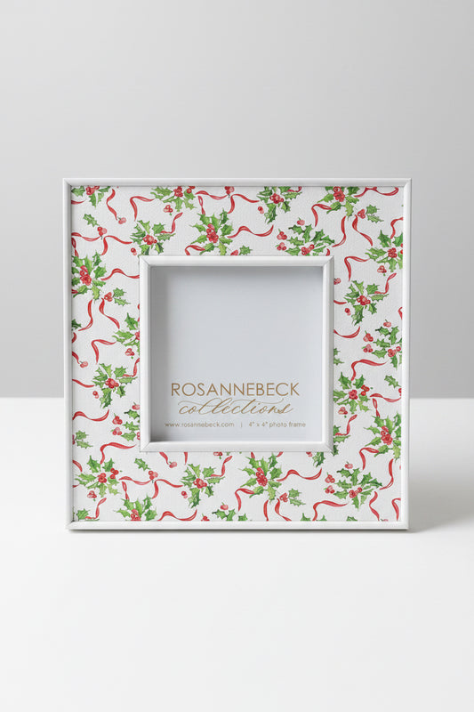 White Hand Painted Holly & Berries 4"x4" Frame