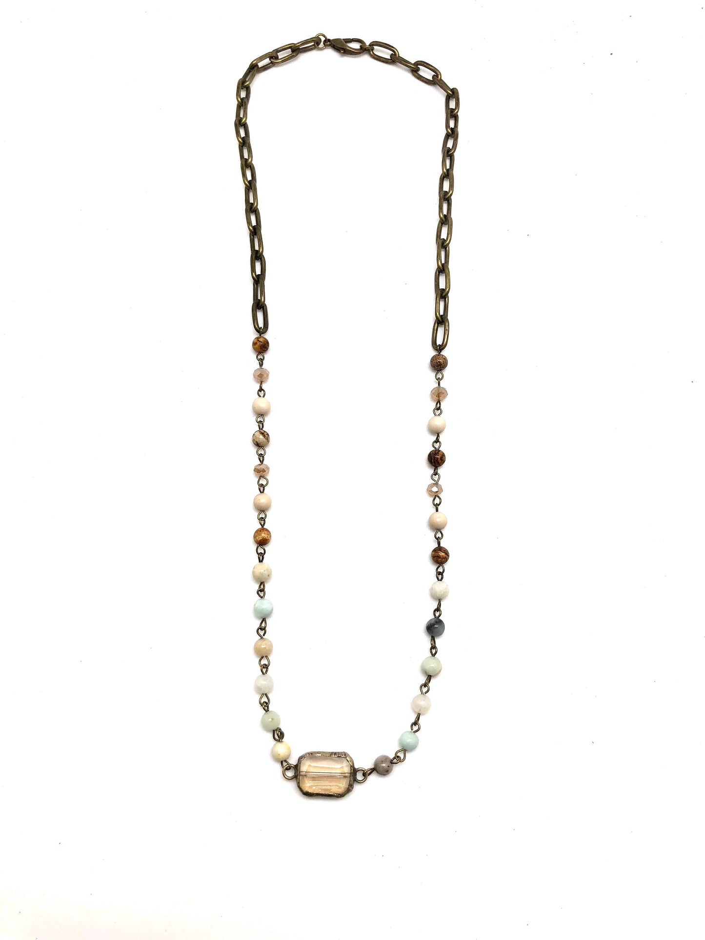 Necklace Antique Gold with Amazonite,Jasper Chain w/Rect.25”