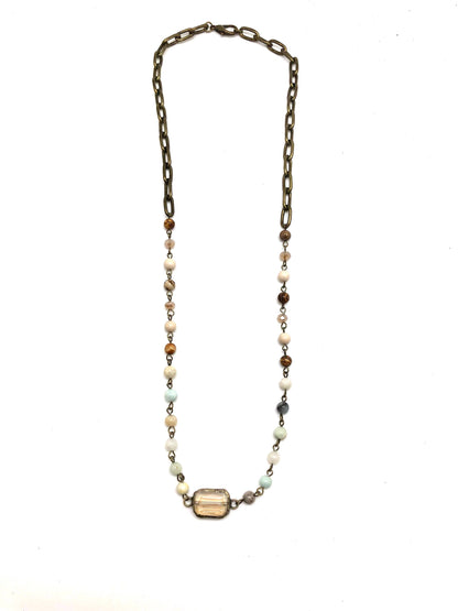 Necklace Antique Gold with Amazonite,Jasper Chain w/Rect.25”