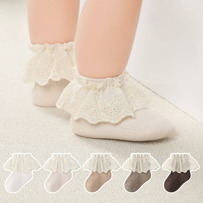 Autumn and Spring Baby Kids Girls Breathable Lace Trim Vintage Socks: Beige / S (0-1Y)