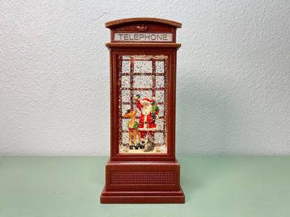 7.85” B/O Lighted Santa Phone Booth Lantern Glitter Globe