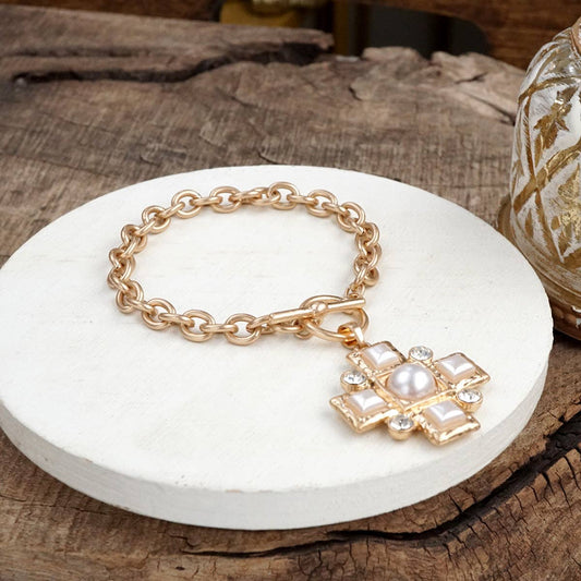 Hammered Cross Toggle Bracelet with Pearls & Crystals