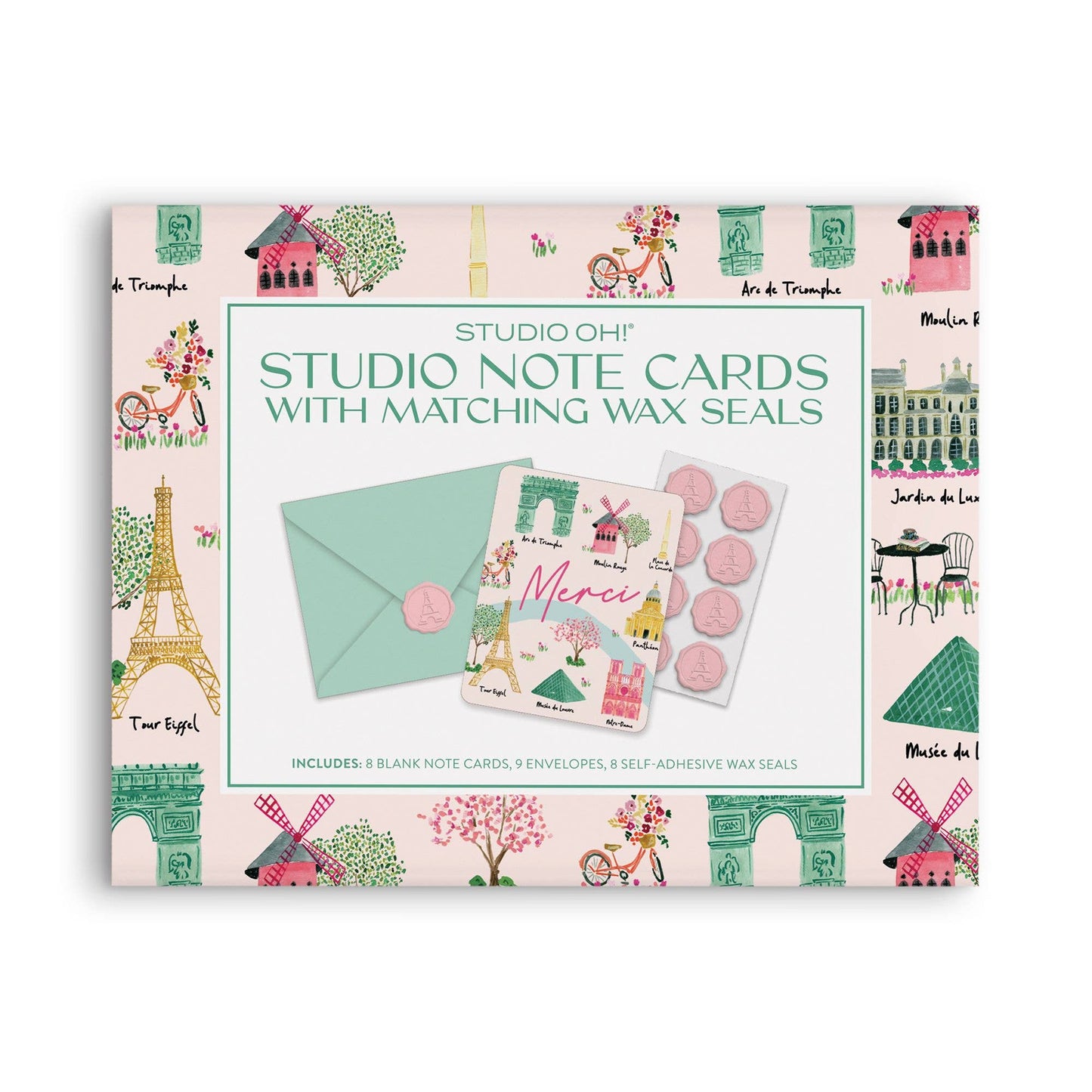 Tarjetas de notas de estudio de lugares de interés de París con sellos de lacre a juego