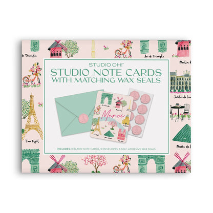 Tarjetas de notas de estudio de lugares de interés de París con sellos de lacre a juego