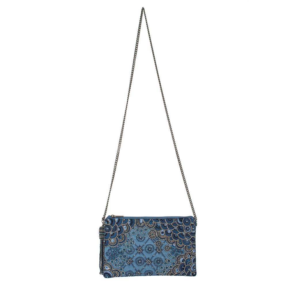 Work It Denim Blue Beaded Embellished Crossbody Clutch