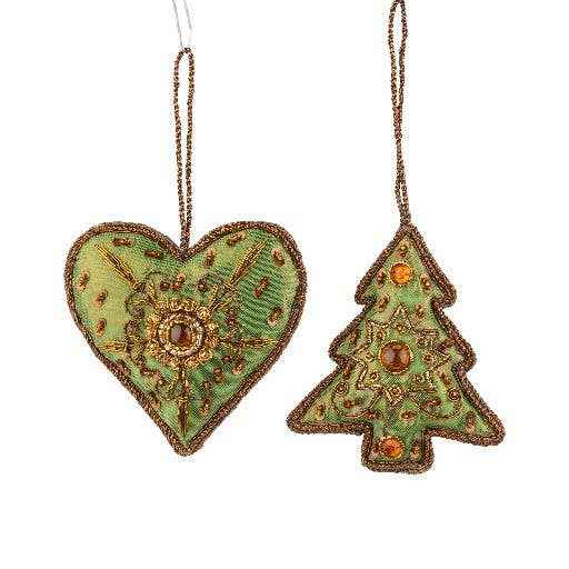 A80645:2 Asst'd fabric orns,grn heart/tree,gold beads,2-s