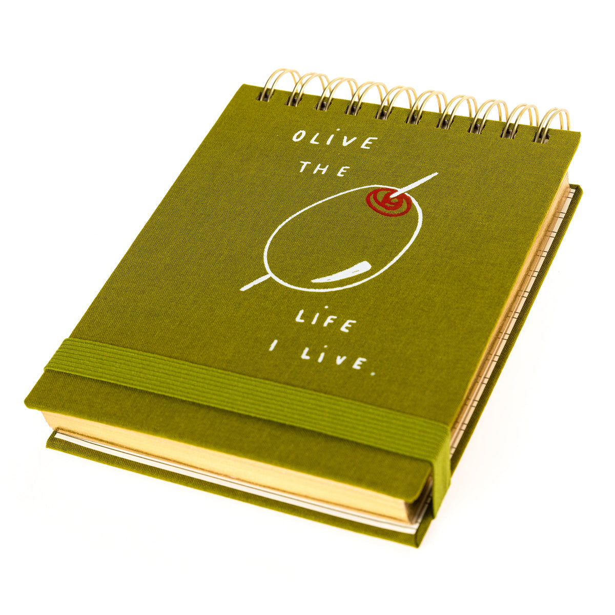 Olive Fabric-Bound Notepad, An olive green fabric notepad printed Olive the Life I Live with a hand drawn olive graphic.
