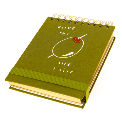 Olive Fabric-Bound Notepad, An olive green fabric notepad printed Olive the Life I Live with a hand drawn olive graphic.