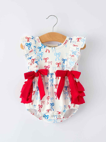 4th of july Bow Print Baby Girl Romper With Ruffle Details: 18M
