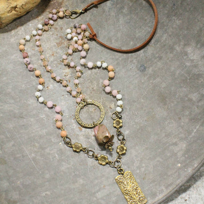 Double Layered Blush Bead & Flower Pendant Necklace