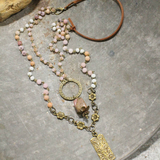 Double Layered Blush Bead & Flower Pendant Necklace