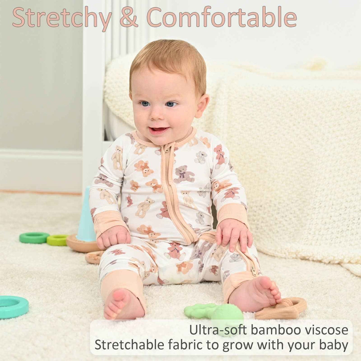 LollyBanks - Bamboo Baby Convertible Zipper Pajamas - Teddy Bear