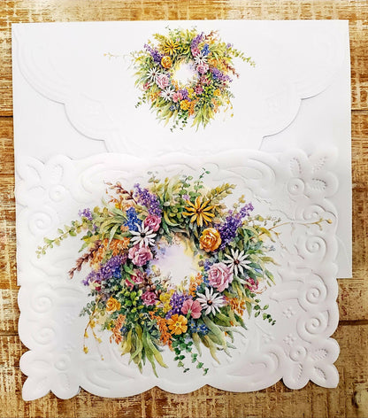 Flower Wreath Embossed, Die-Cut Boxed Portfolio Note Cards