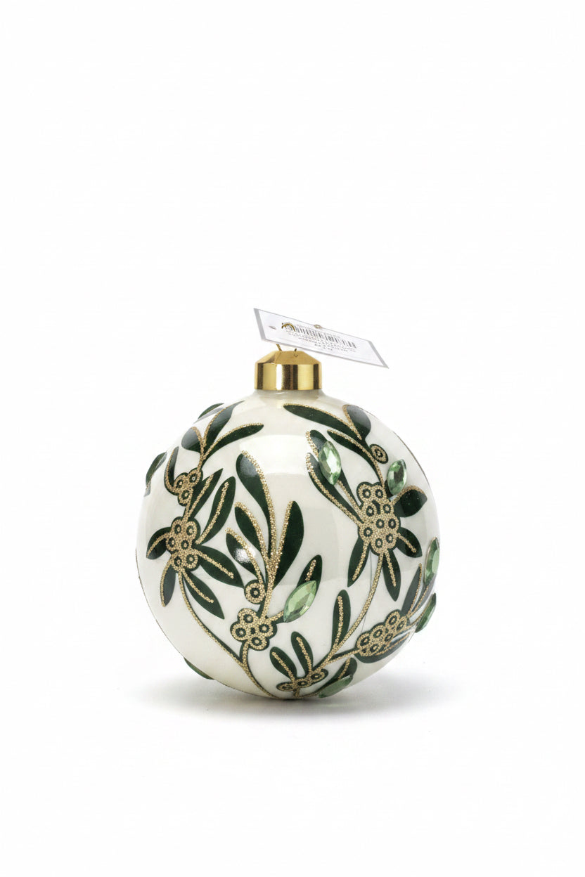 Glass Ball Ornament-Shiny White with Green Mistletoe Design