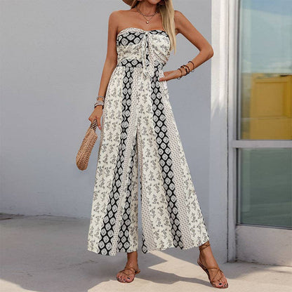 Strapless Smocked Romper Tube Top Flare Trousers Jumpsuit