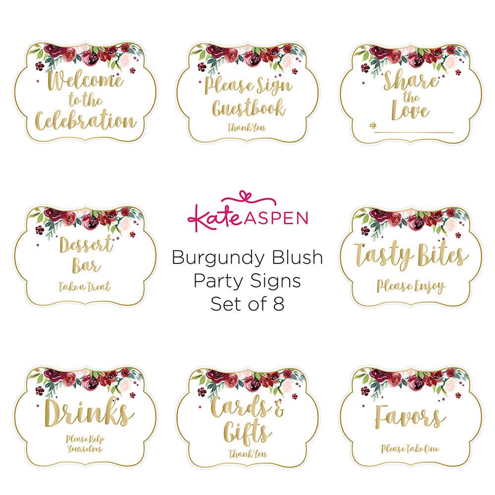 Burgundy Blush Floral Party Décor Sign Kit (Set of 8)
