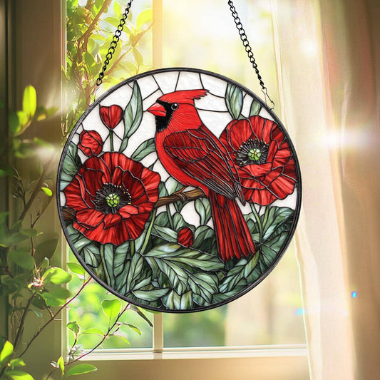 Cardinal and Red Poppy Suncatcher, Floral Ornament
