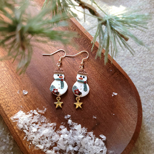 Hand Crafted Snowman with Star Earrings