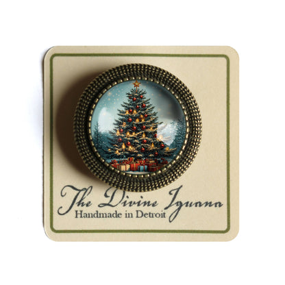 Victorian Christmas Tree Glass and Bronze Lever Back Brooch