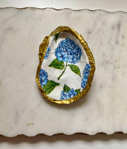 Blue Hydrangea Oyster Shell Jewelry Dish