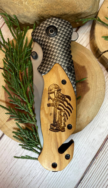 Quail Tail Laser Art - Tribute to Soldiers Knife