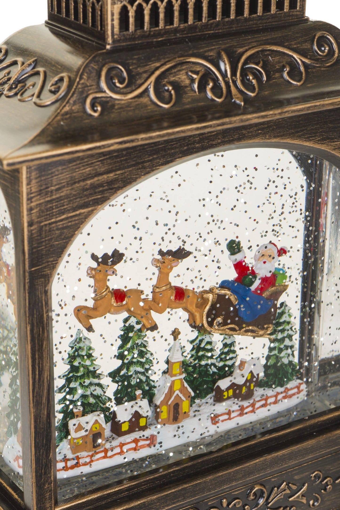 Antique Brown Lantern Snow Globe with Santa in Sleigh
