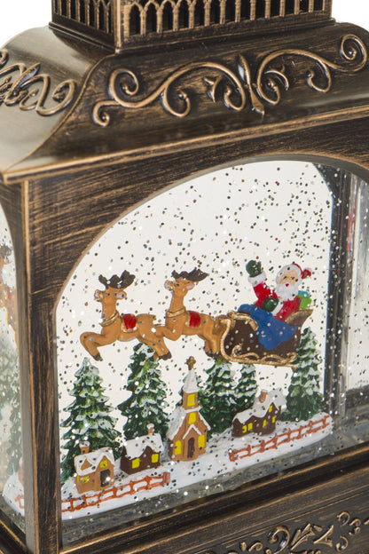 Antique Brown Lantern Snow Globe with Santa in Sleigh