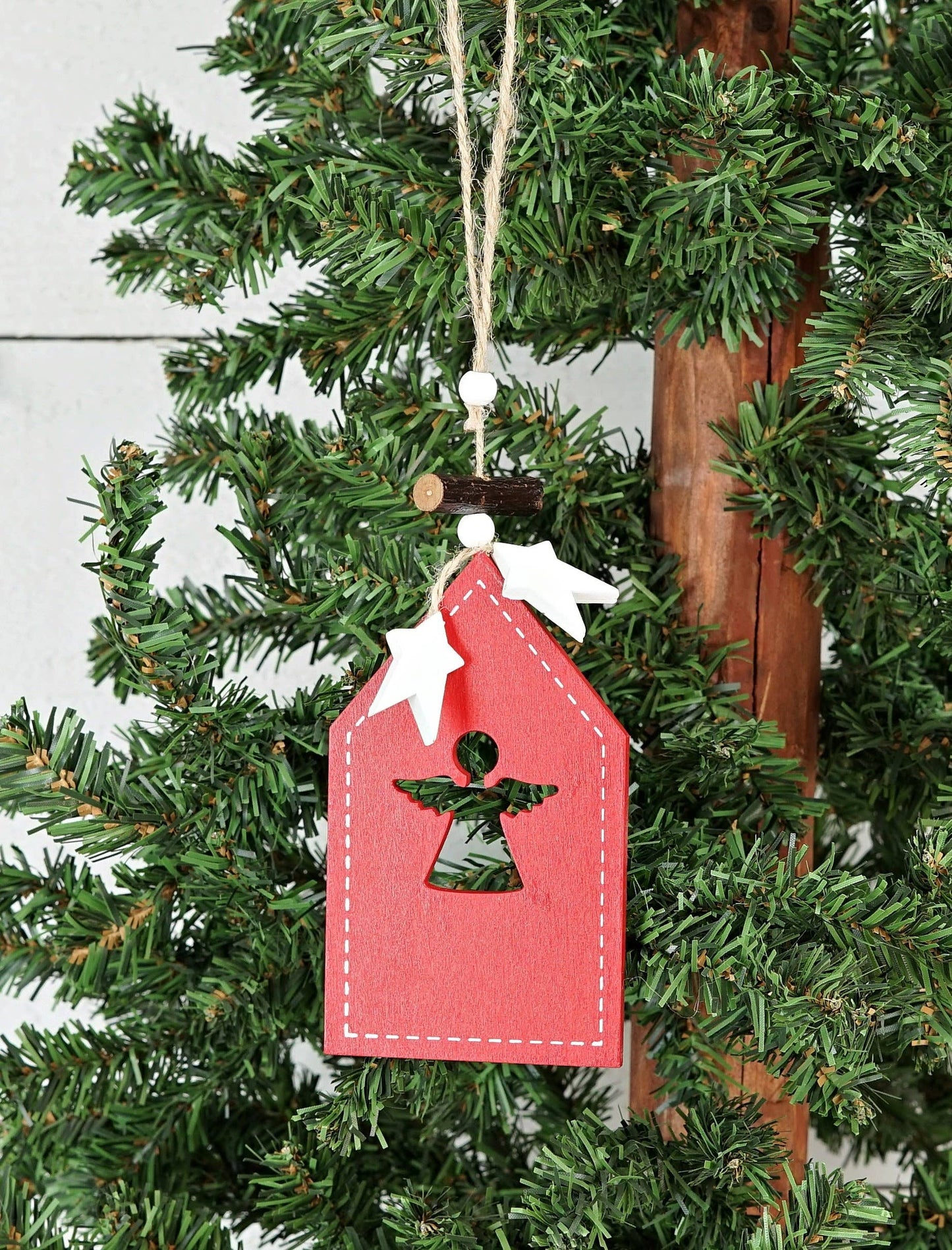 WOODEN ORNAMENT-RED TAG W/ANGEL CUTOUT