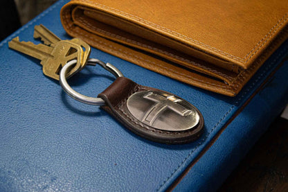 Christian Cross Oval Leather Keychain: Black