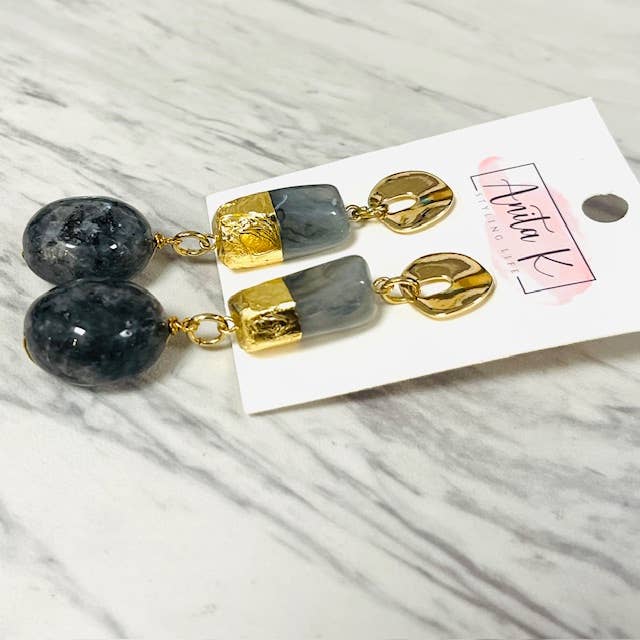 Anita K By Blushing Pink - Spectrolite & Gold Foil  Wrapped Resin Dangle Earring