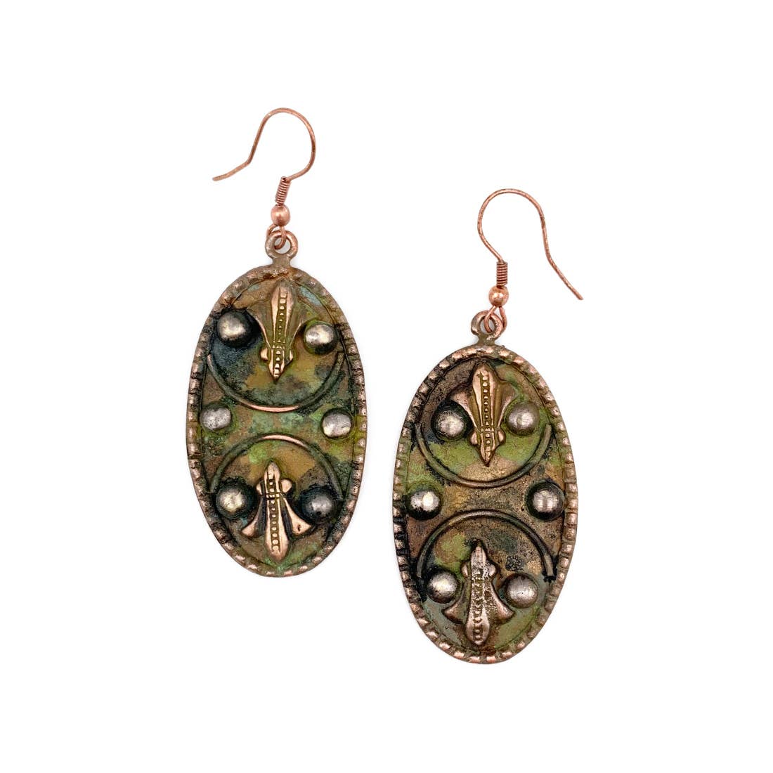 Copper Patina Earrings -Filigree in Green Ovals