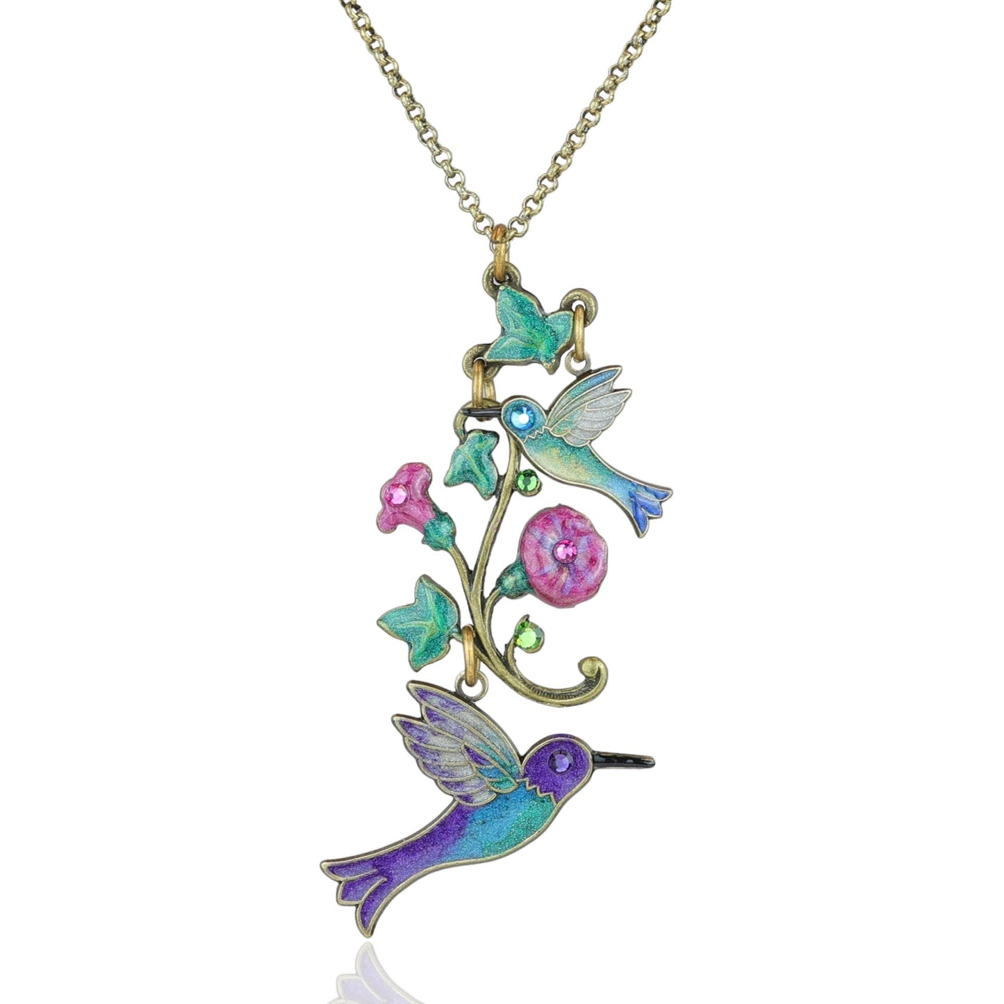 Hummingbirds in Flight Morning Glory Crystal Charm Necklace