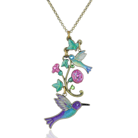 Hummingbirds in Flight Morning Glory Crystal Charm Necklace