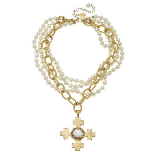 Gold Cross on 4 Row Genuine Shell Pearl Necklace