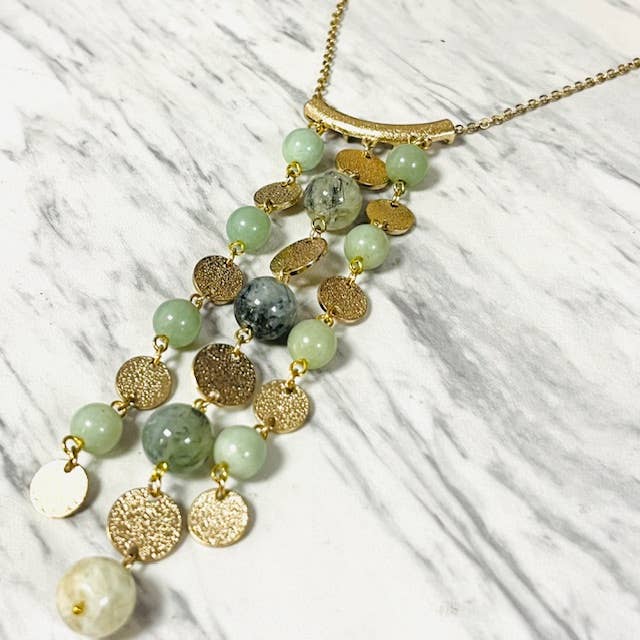 Anita K By Blushing Pink - Jade & Gold Disc Tassel Pendant Long Necklace