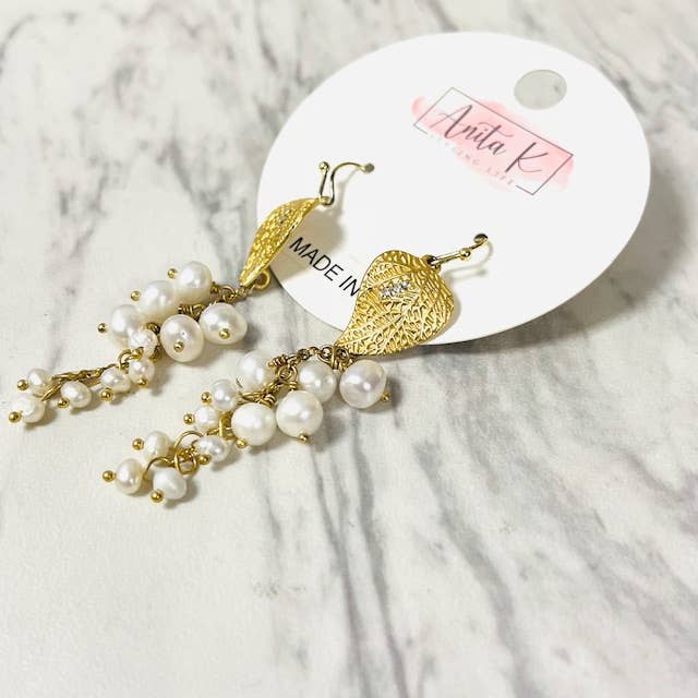 Anita K By Blushing Pink - Brass Leaf with Freshwater Pearl Cluster Drop Earring