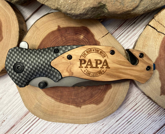 Papa - Man, Myth, Legend Knife - Quail Tail Laser Art