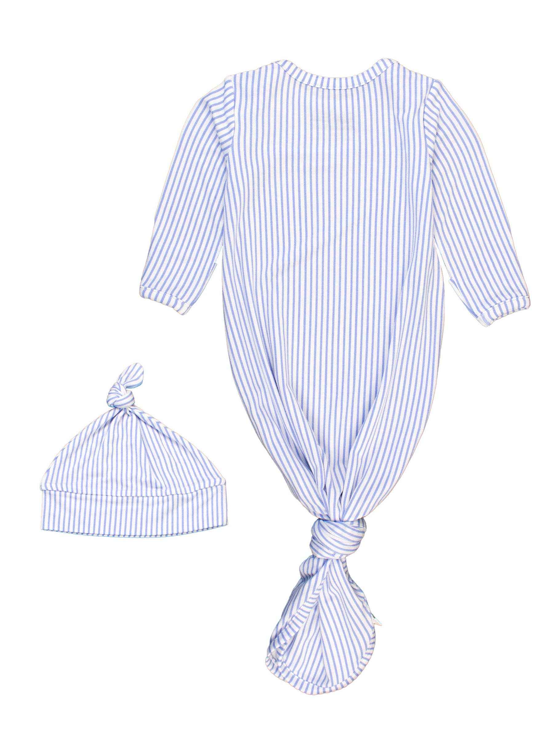 SoftSnooze™ Baby Boys Bamboo Viscose Periwinkle & White Micro Stripe Knotted Sleep Gown & Hat Set: Blue / Newborn-3m