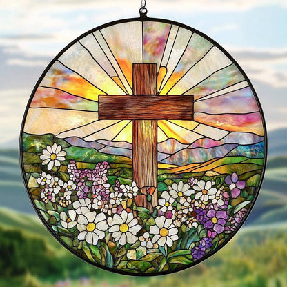 Stained Glass Cross And Wildflowers Suncatcher, Christian