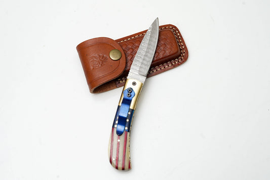 Patriotic American Flag Folding Knife -Hand-Forged Damascus Steel