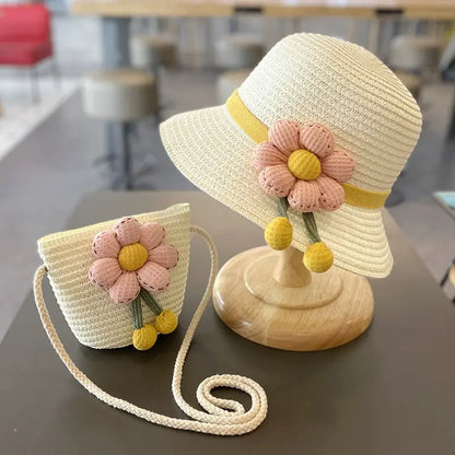 Sun Protection Beach Straw hat&flower Straw Bag 2pcs set