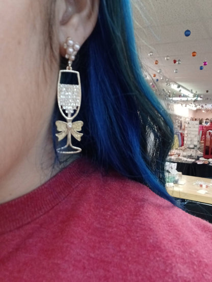 Gold Champagne Wine Earrings with Pearls