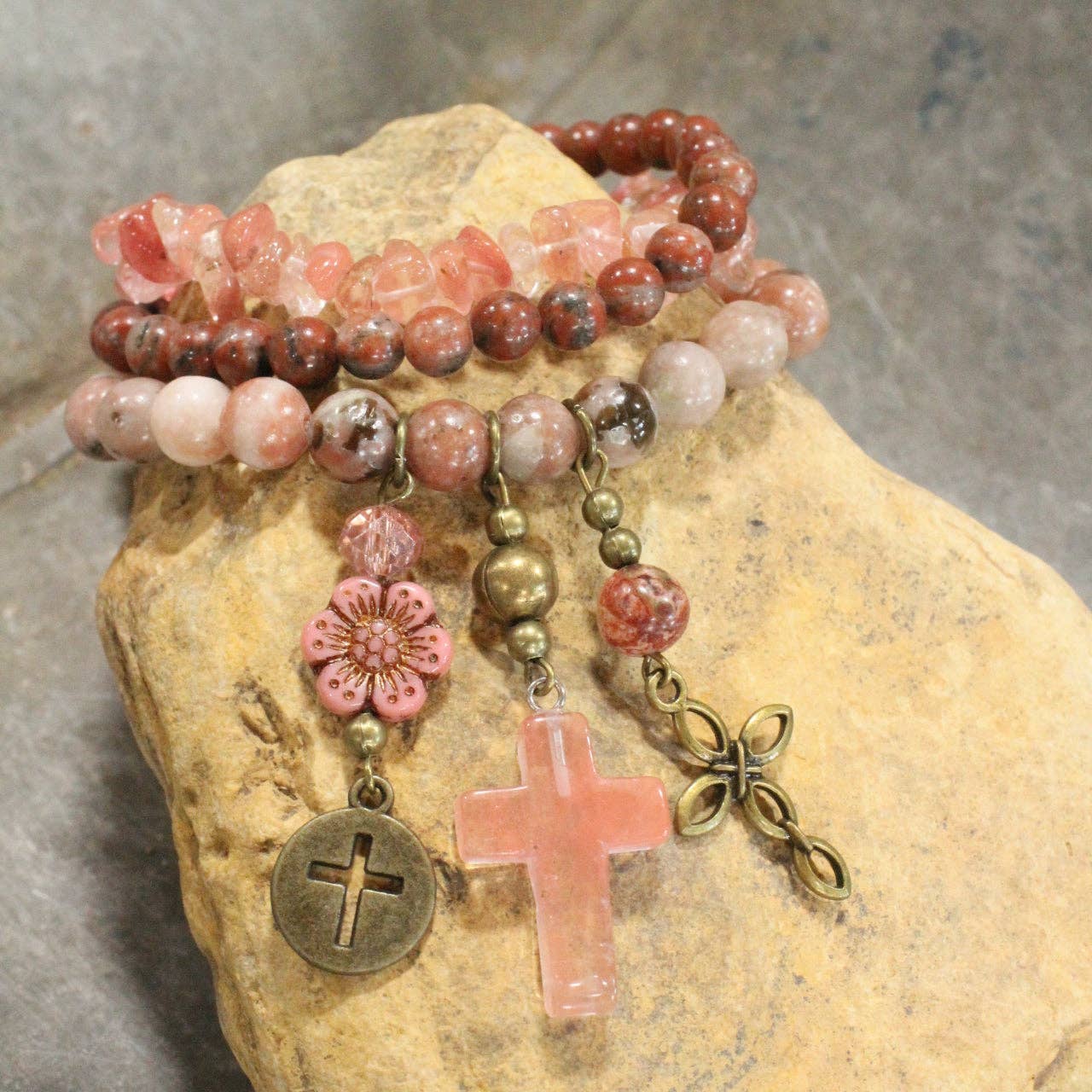 Stone, & Glass Cross Dangle Bracelet Set