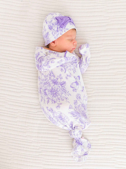SoftSnooze™ Baby Girls Bamboo Viscose Wisteria Purple Butterfly Garden Toile Ruffle Knotted Sleep Gown & Bow Hat Set: Purple / Newborn-3m