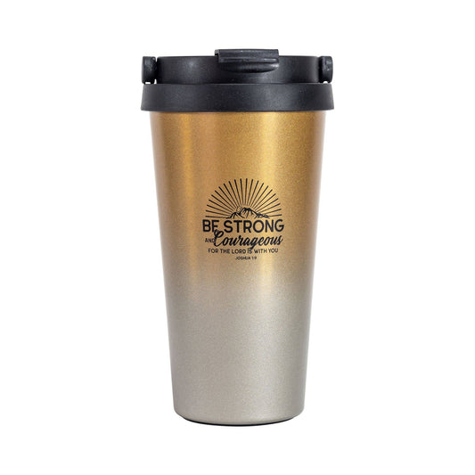 Divinity Boutique - Travel Mug - Be Strong & Courageous - Black Ink/Gold Mug